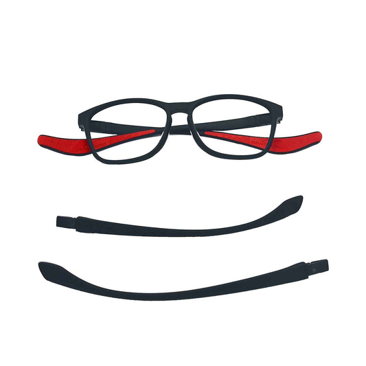 E RX sport frames prescription glasses feature red sports temples and black universal temples, catering to both athletic and everyday wear.