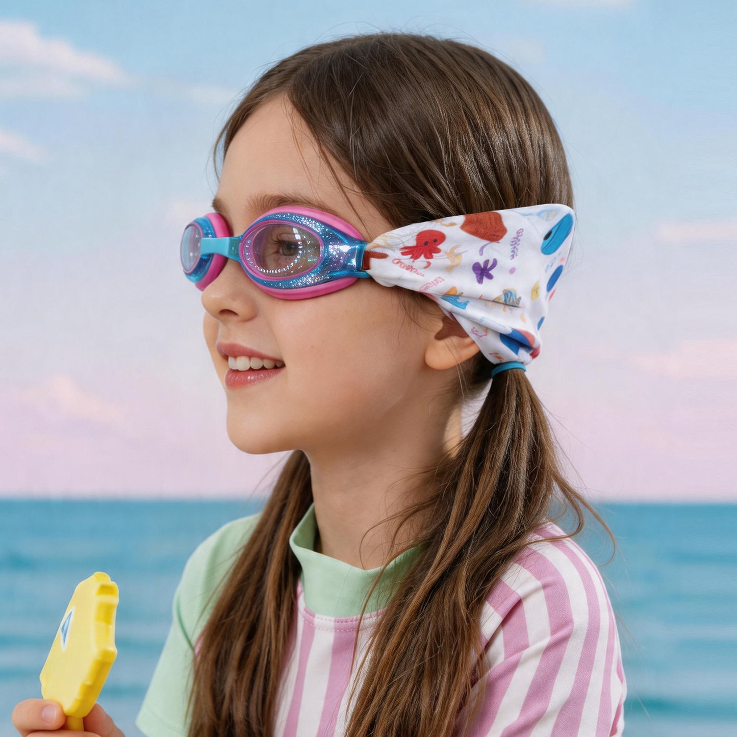 Side view of kids swim goggles with soft fabric strap that prevents hair pulling