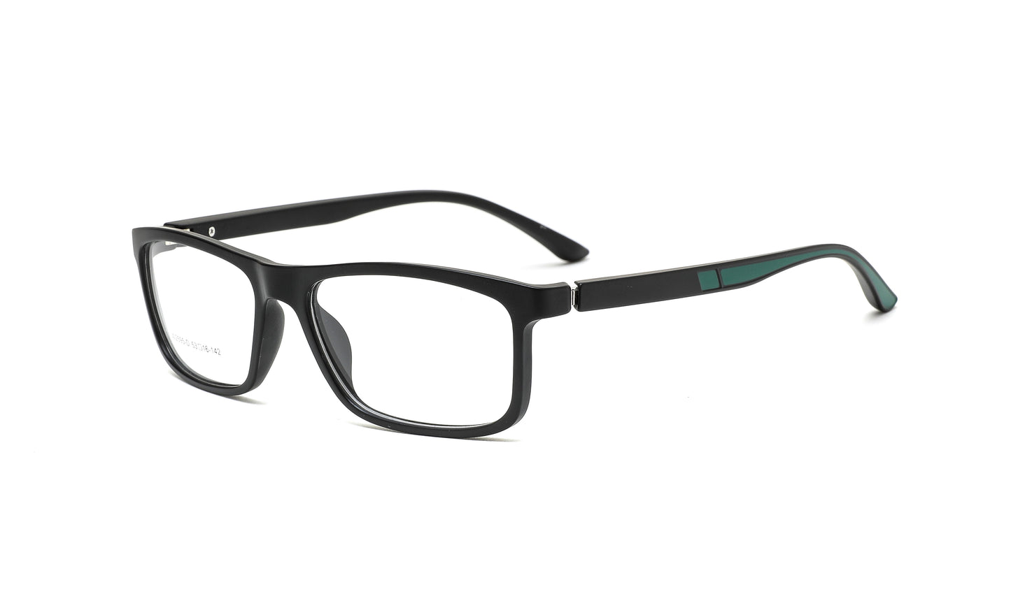 Anti-reflective computer glasses with a black frame and lively dark green accents—designed to reduce eye strain in style.