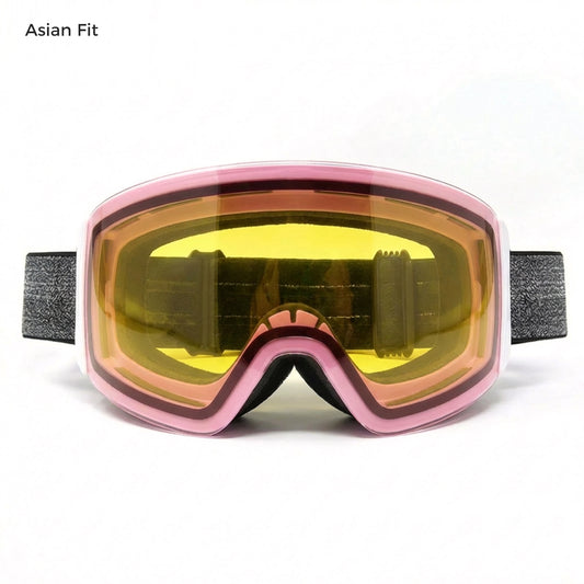 QuickSwap magnetic ski goggles with matte pink frame and yellow low-light lens