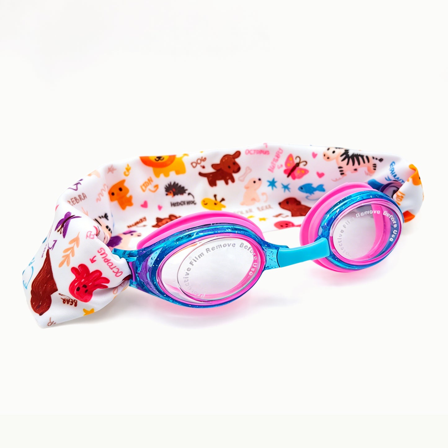 EasyStrap kids swim goggles in blue pink with animal friends fabric strap for easy on and off
