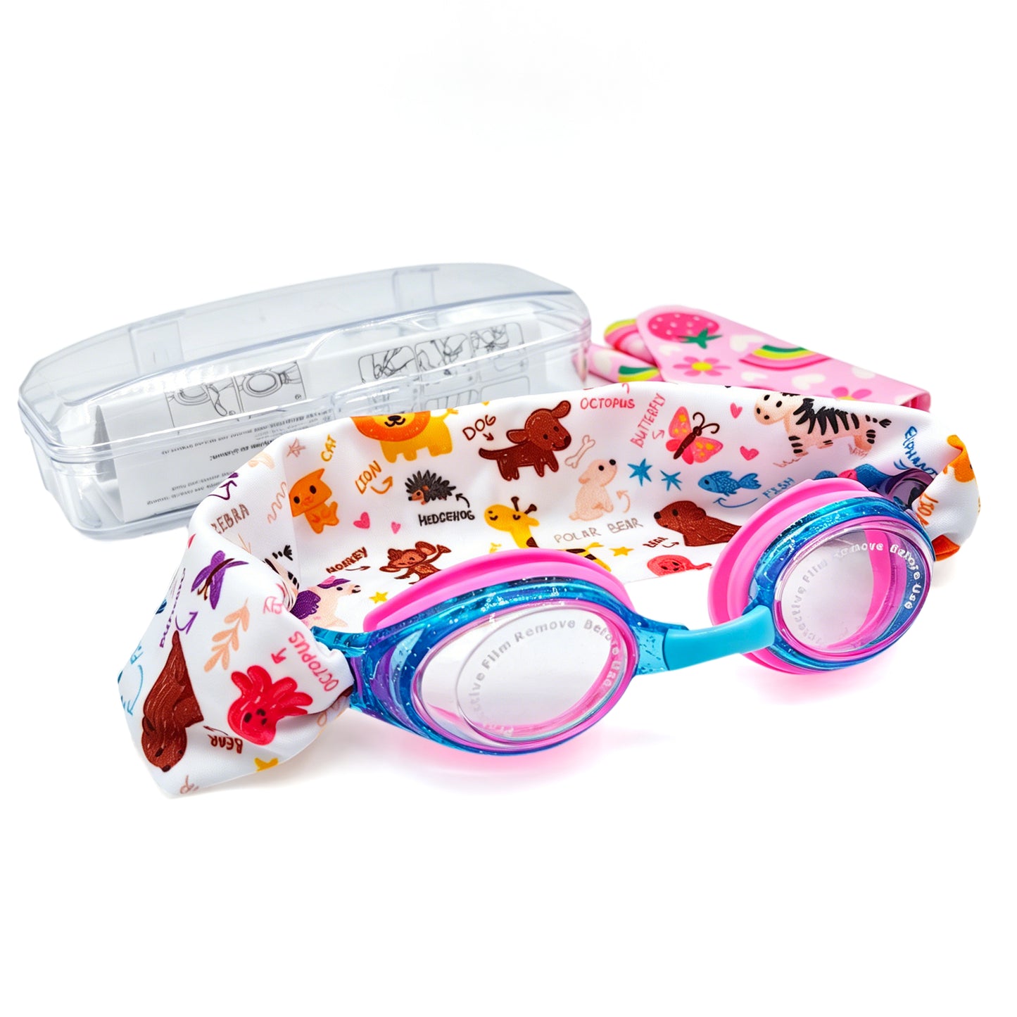 EasyStrap kids swim goggles in blue pink with animal friends fabric strap, bonus rainbow strawberry strap, hard case, and user manual included
