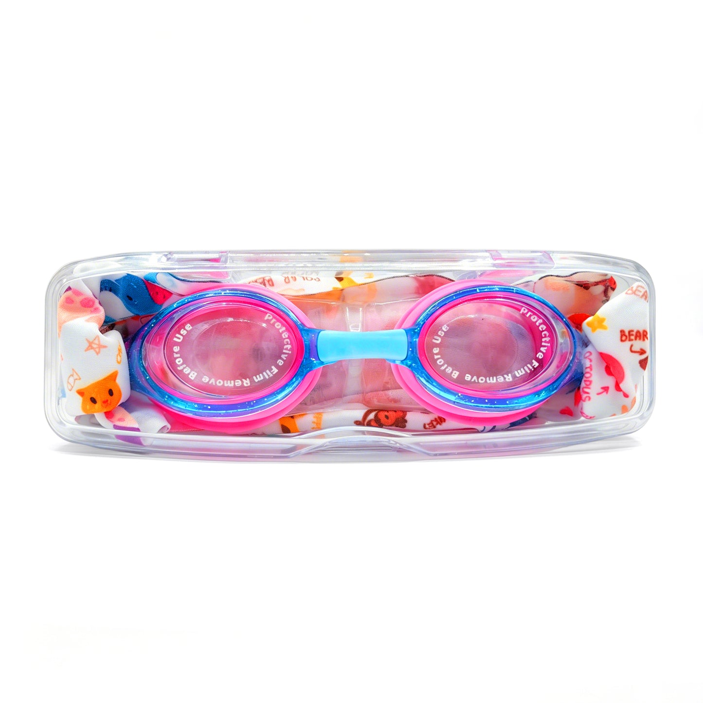 EasyStrap kids swim goggles packed in clear hard case with animal friends fabric strap