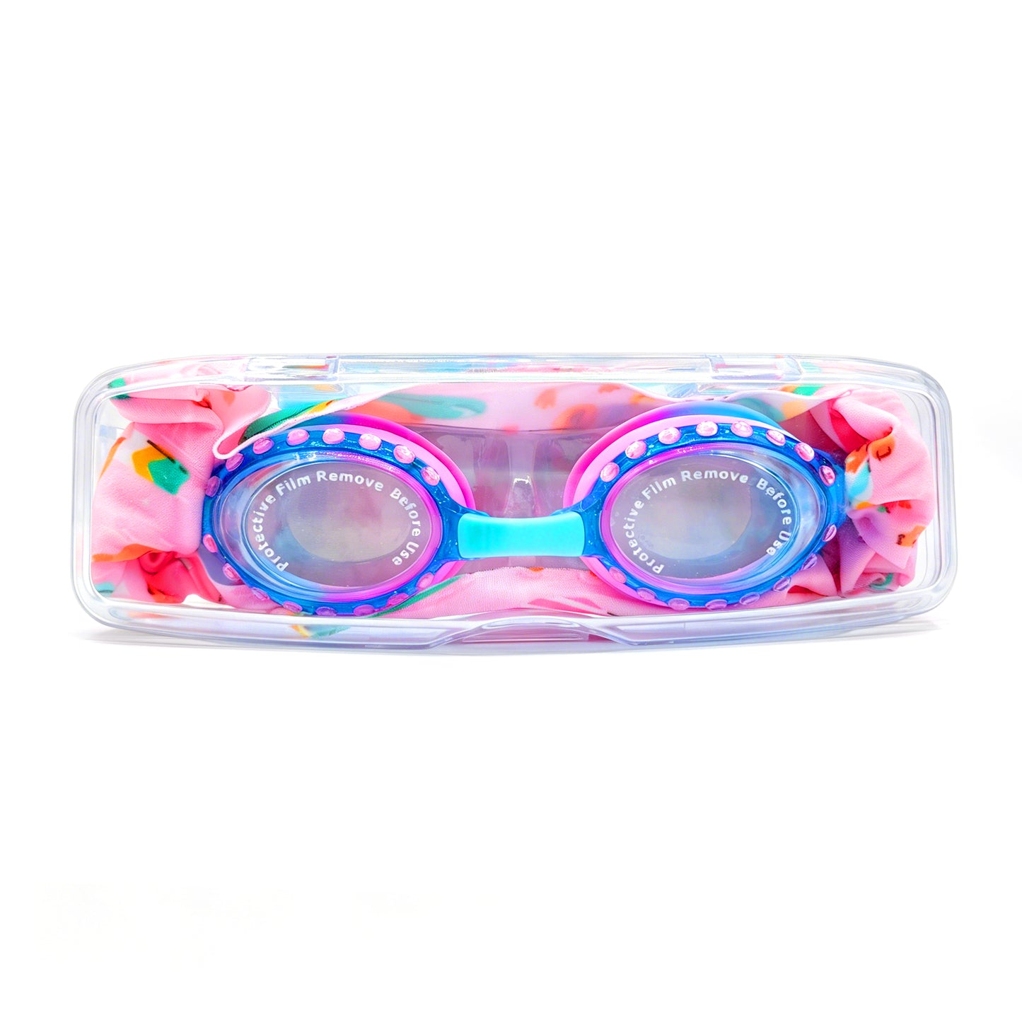 EasyStrap kids swim goggles packed in clear hard case with flamingo fun fabric strap