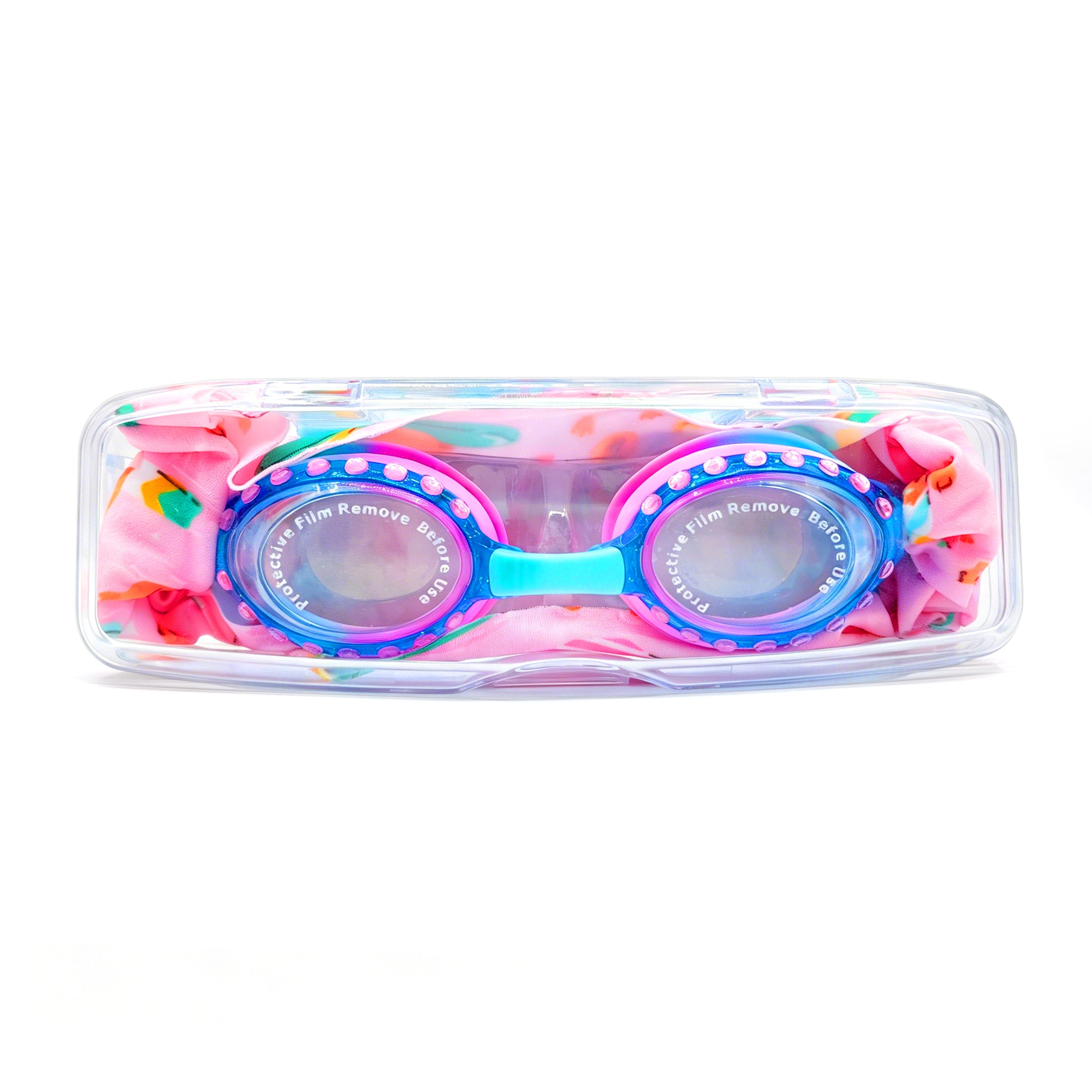 EasyStrap kids swim goggles packed in clear hard case with flamingo fun fabric strap