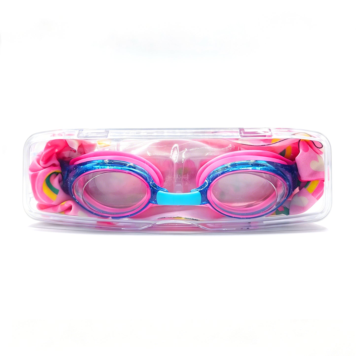 EasyStrap kids swim goggles packed in clear hard case with strawberry rainbow fabric strap