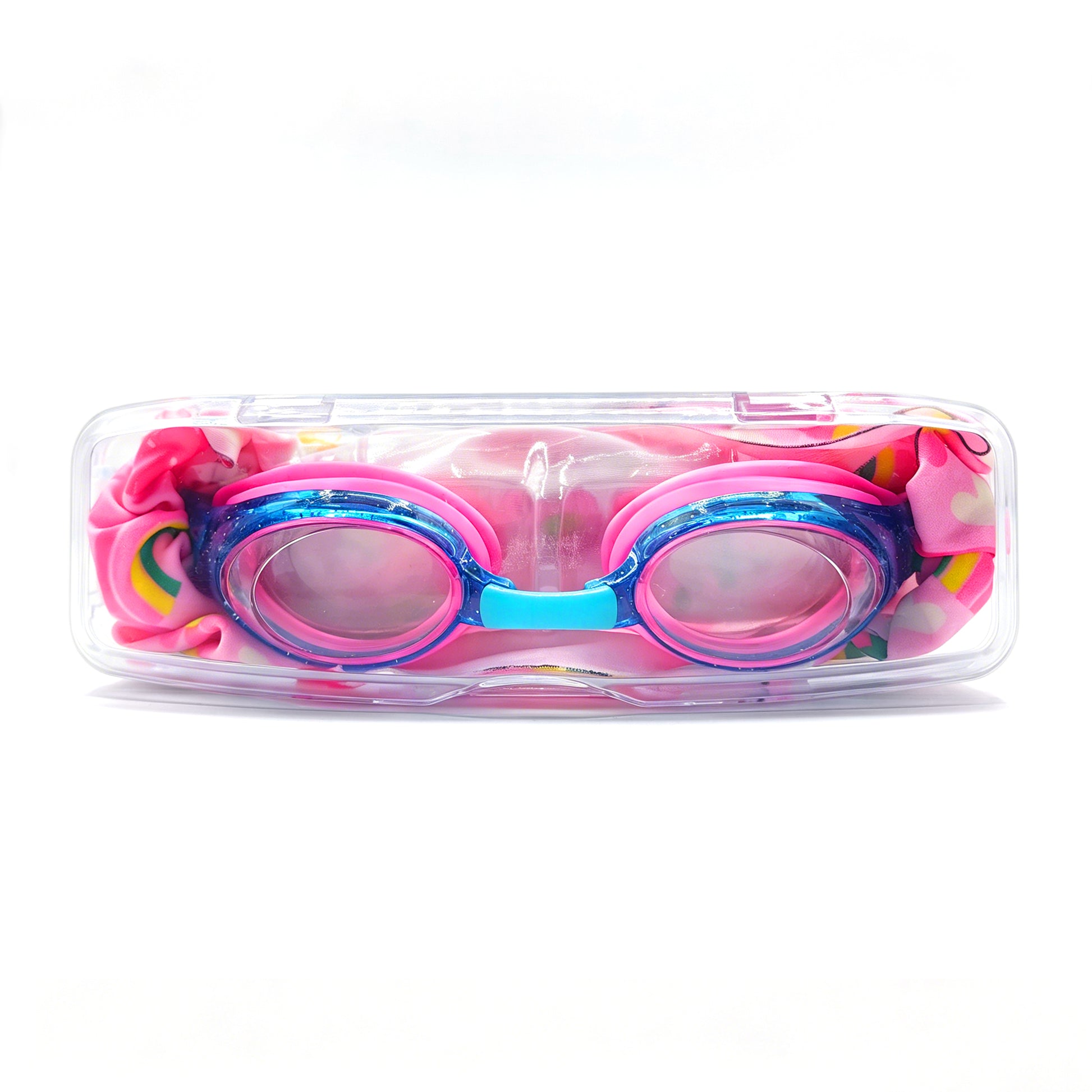EasyStrap kids swim goggles packed in clear hard case with strawberry rainbow fabric strap
