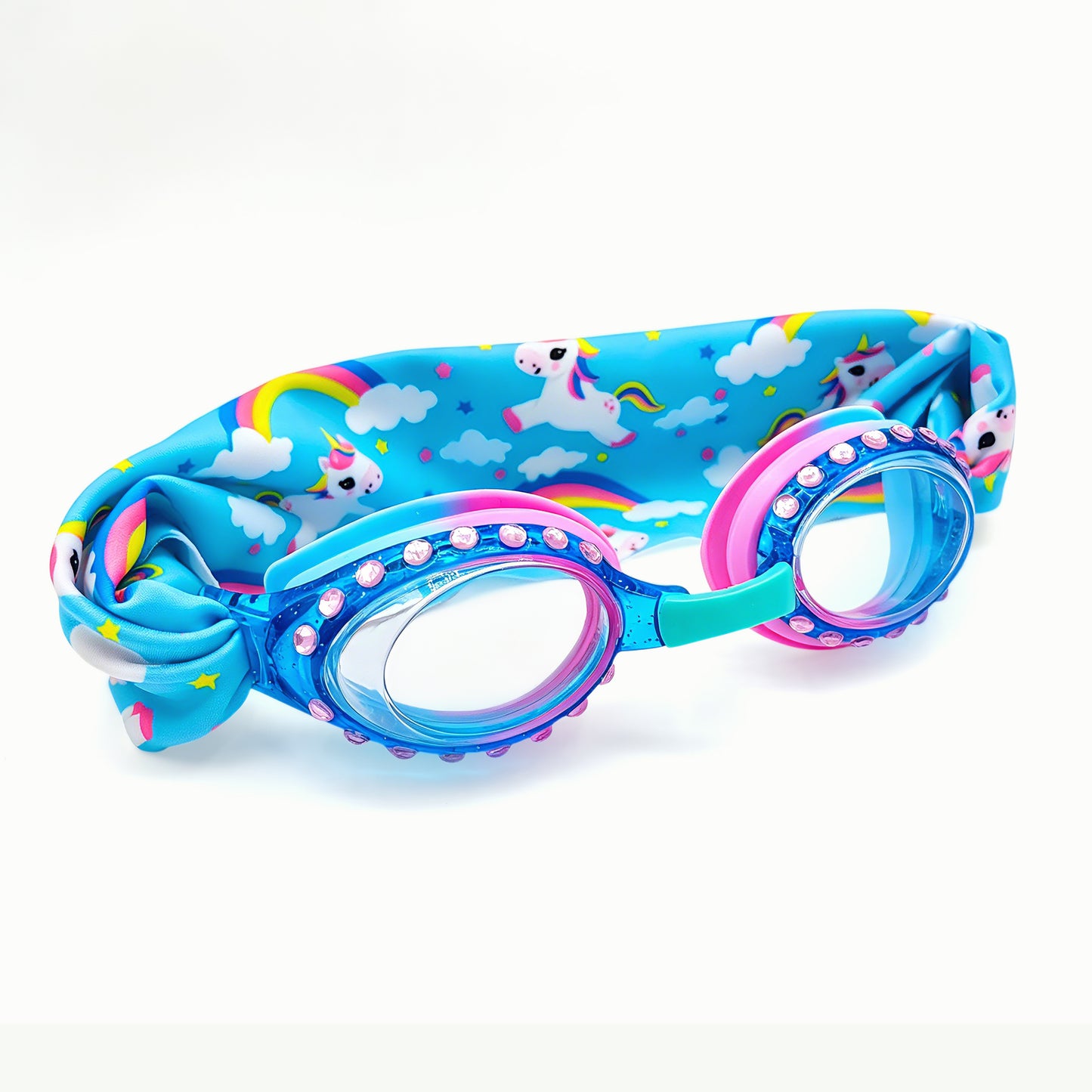 EasyStrap kids swim goggles in blue pink with soft unicorn sky fabric strap for easy on and off