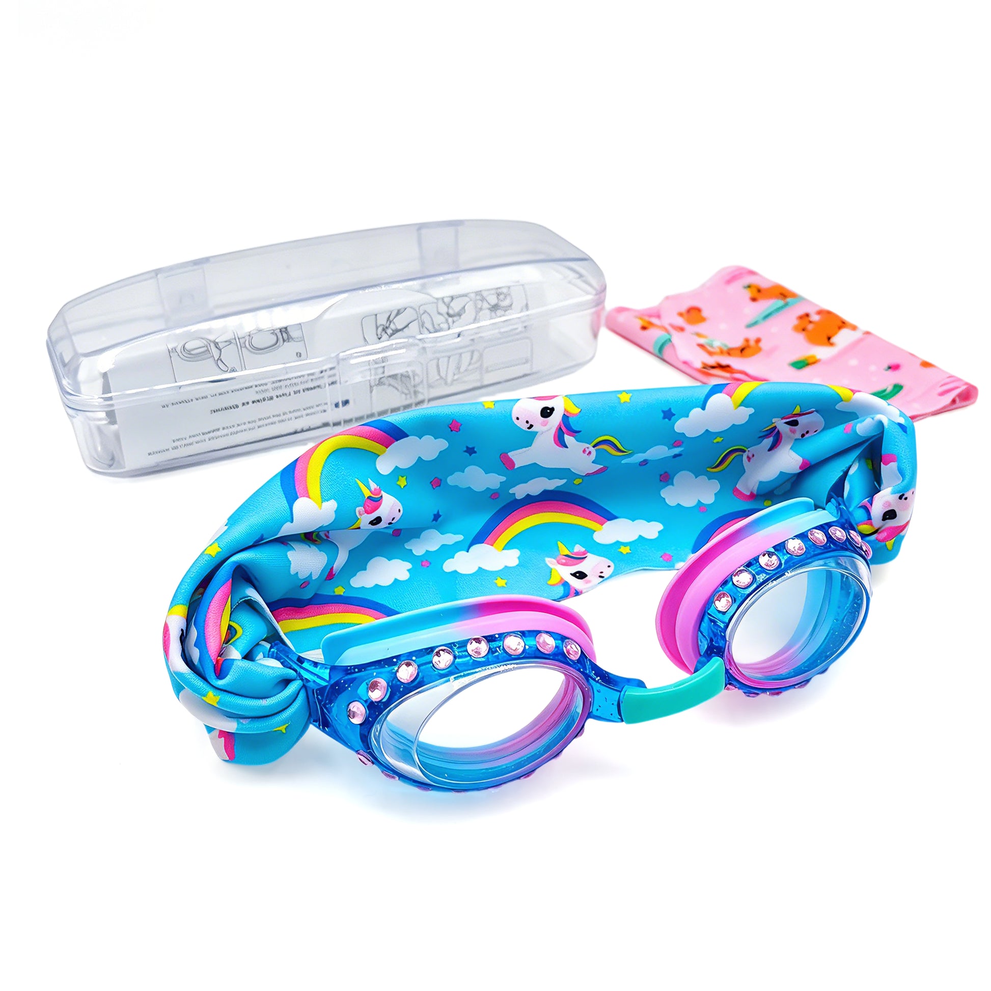 EasyStrap kids swim goggles in blue pink with unicorn sky fabric strap, bonus flamingo fun strap, hard case, and user manual included