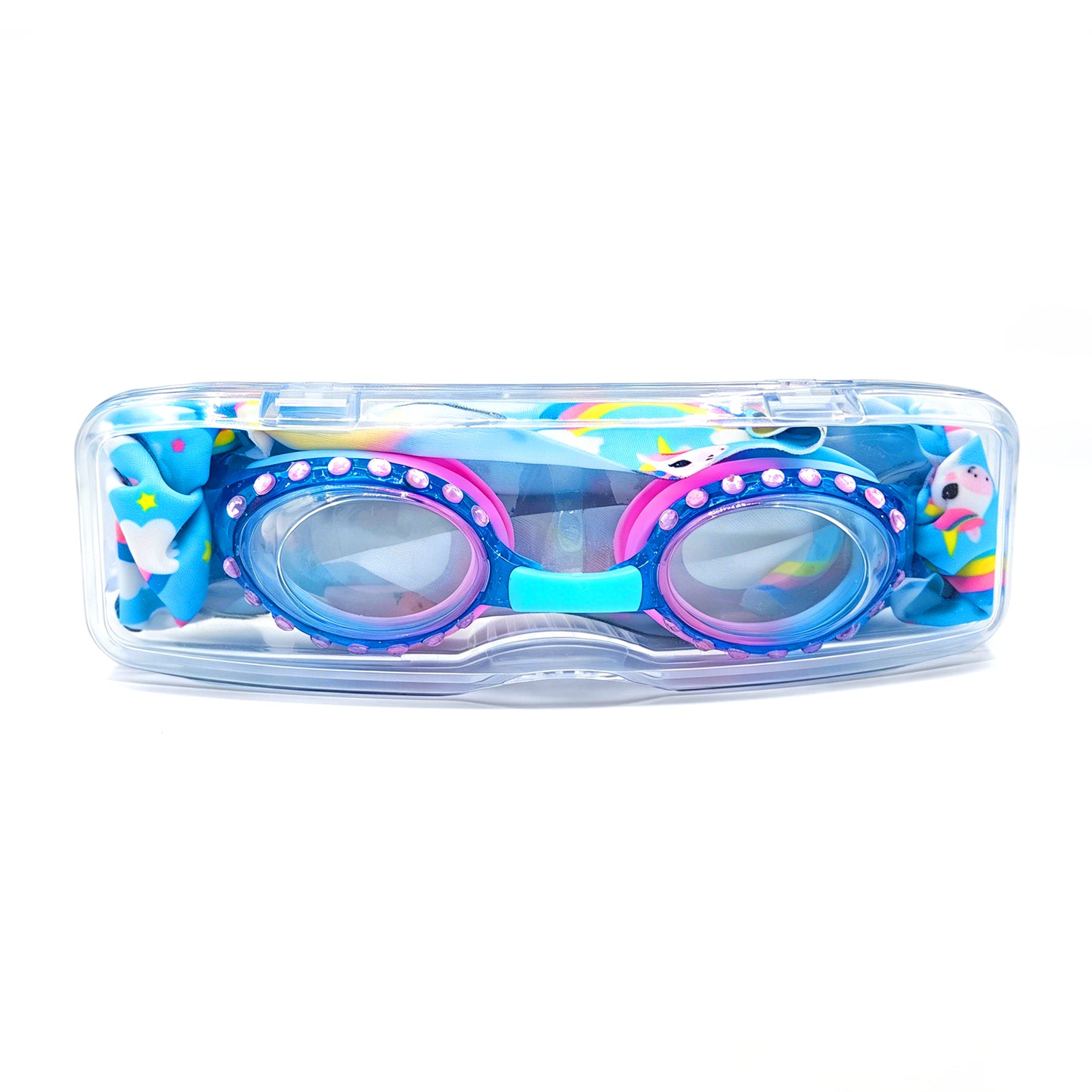 EasyStrap kids swim goggles packed in clear hard case with unicorn sky fabric strap