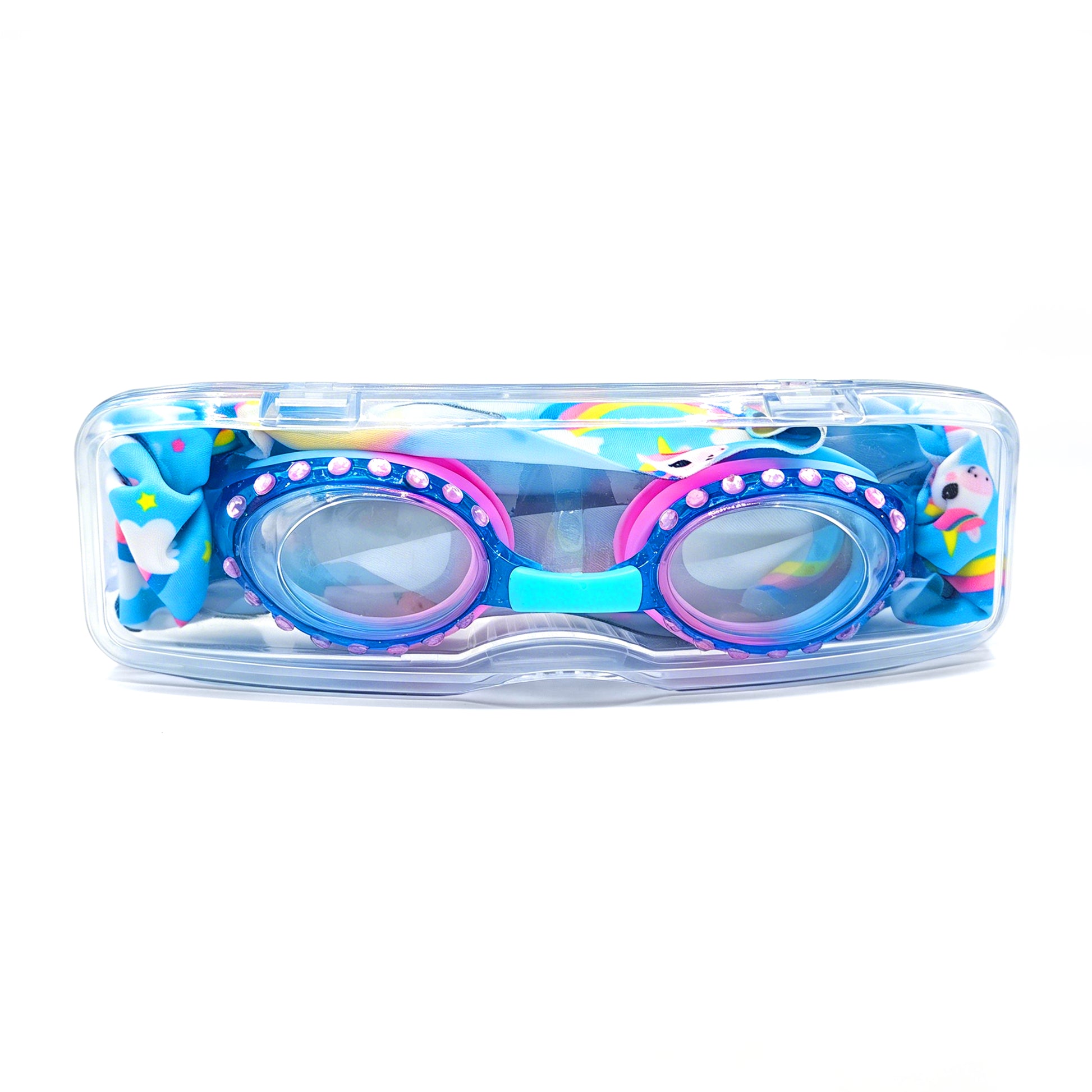 EasyStrap kids swim goggles packed in clear hard case with unicorn sky fabric strap