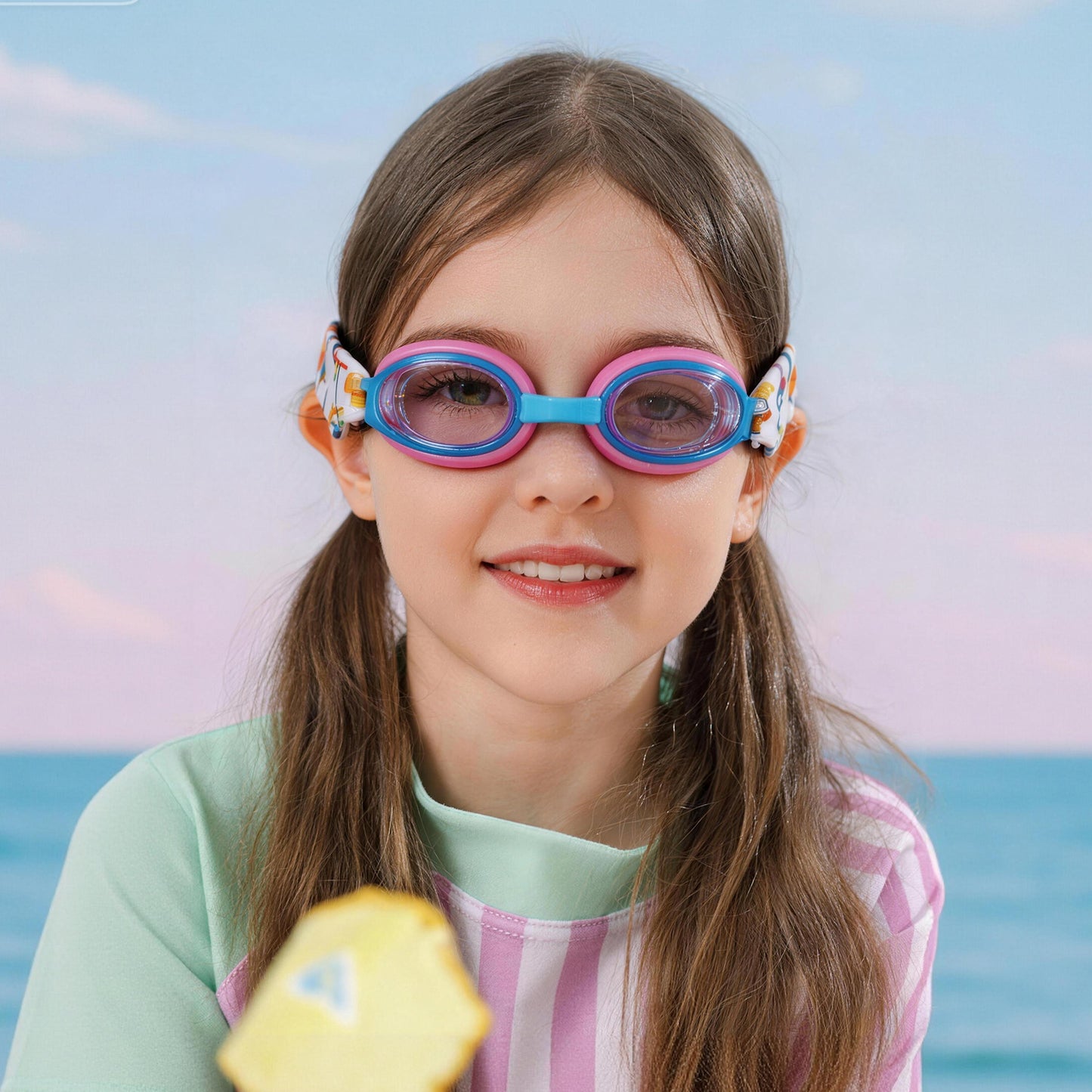 Happy child wearing kids swim goggles, smiling and ready to swim