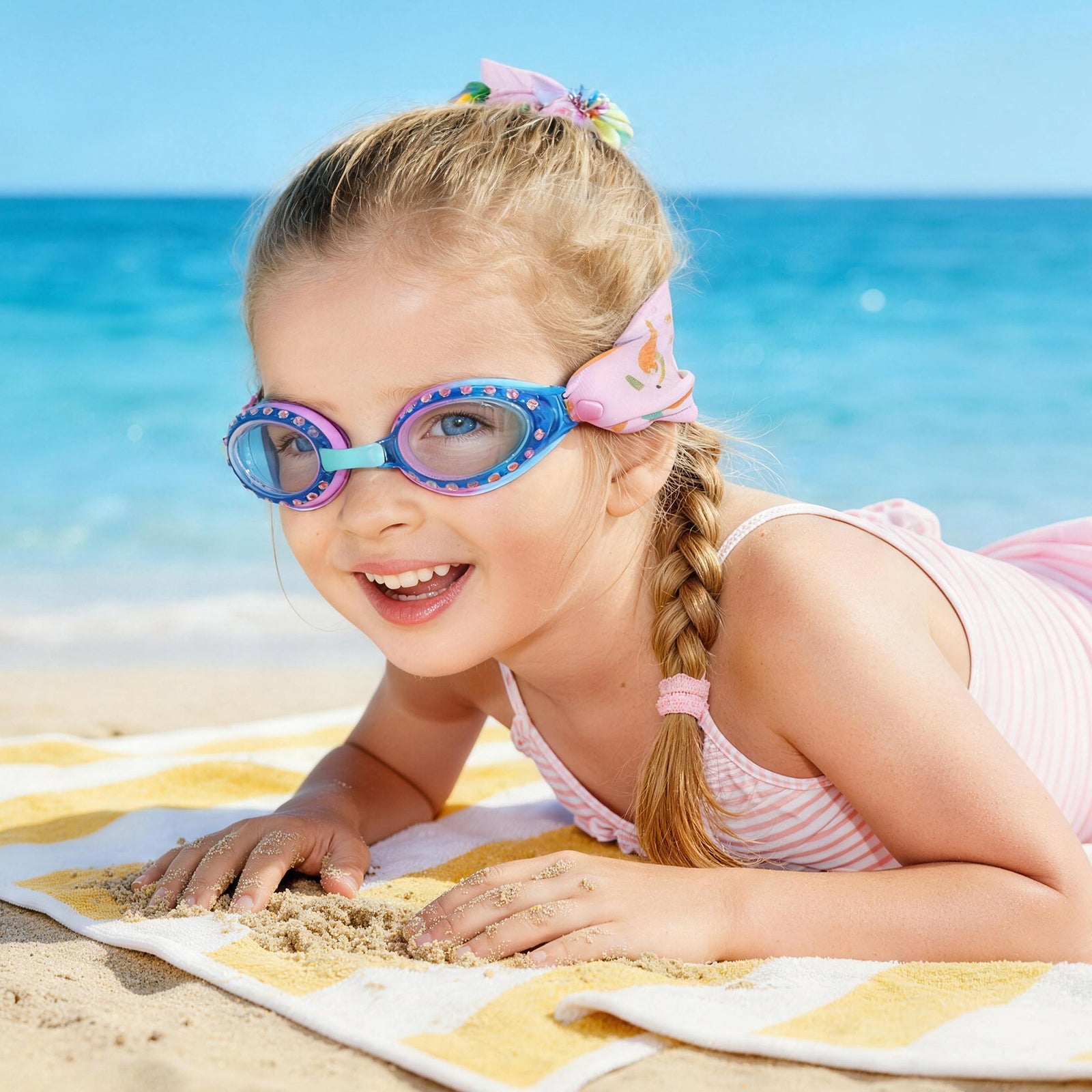 Happy child wearing kids swim goggles, smiling and ready to swim