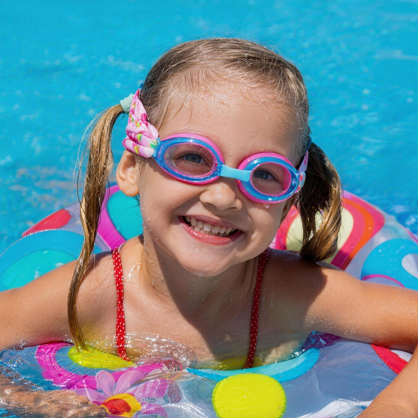 Happy child wearing kids swim goggles in pool, smiling and ready to swim
