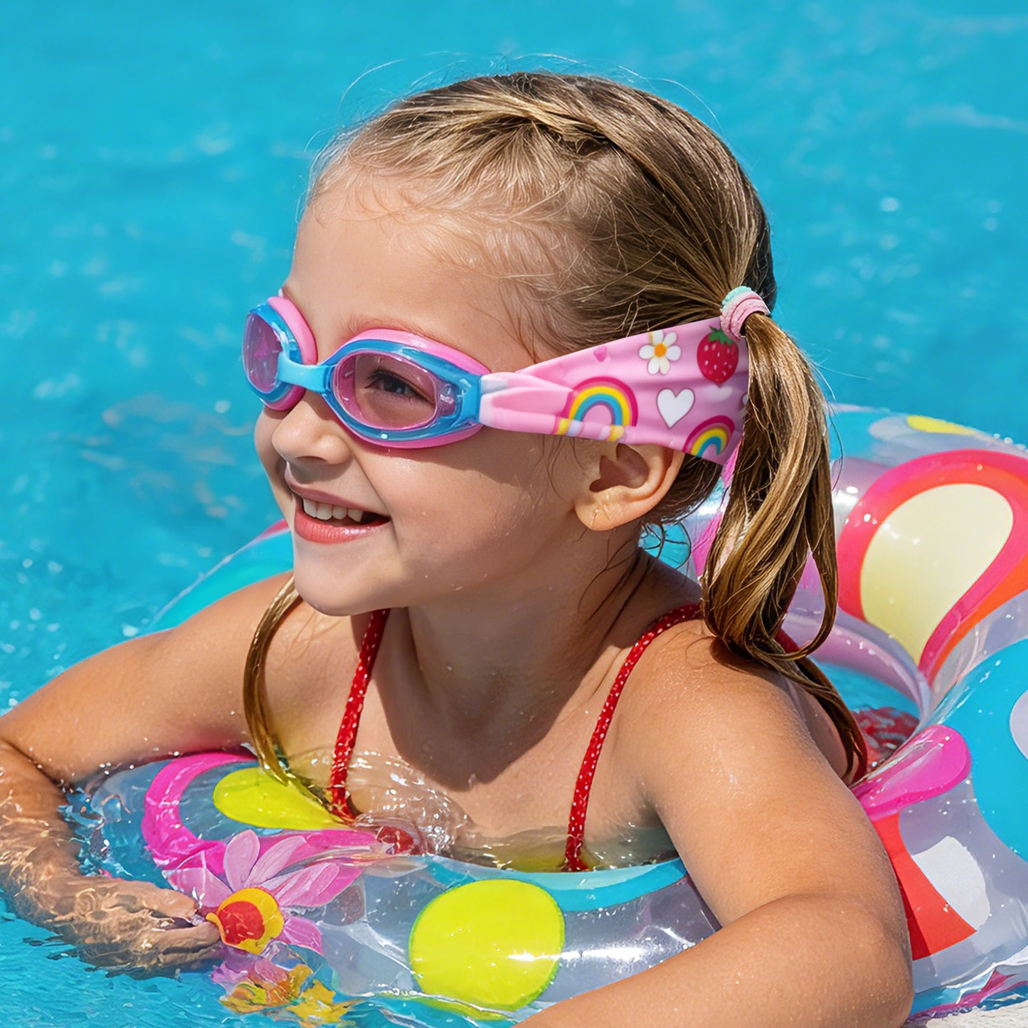 Side view of kids swim goggles with soft fabric strap that prevents hair pulling