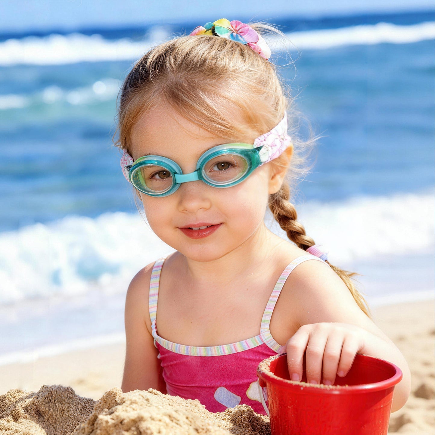 Happy child wearing kids swim goggles in pool, smiling and ready to swim