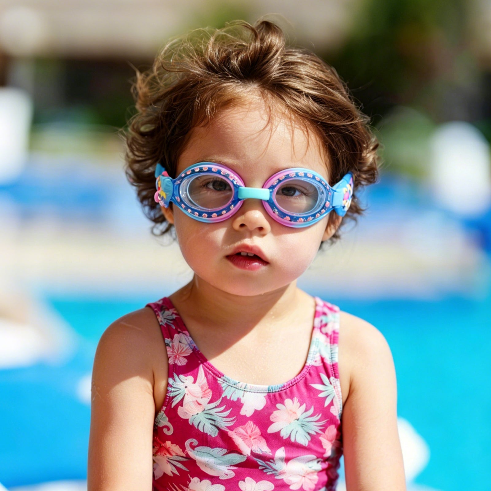 Happy child wearing kids swim goggles in pool, smiling and ready to swim