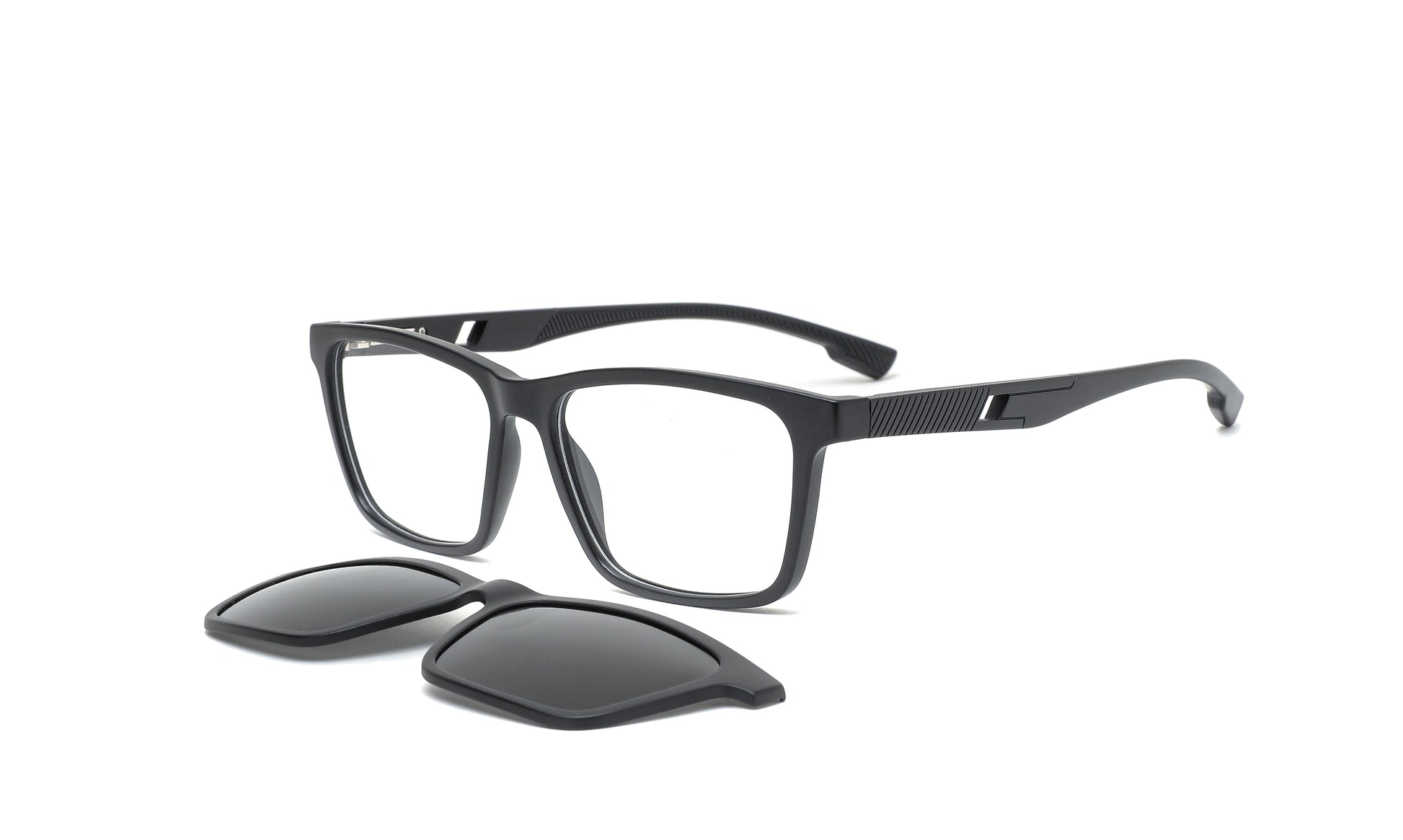 Clip on dark glasses with a sleek all-black frame, offering a sophisticated design perfect for business professionals who value style and detail.