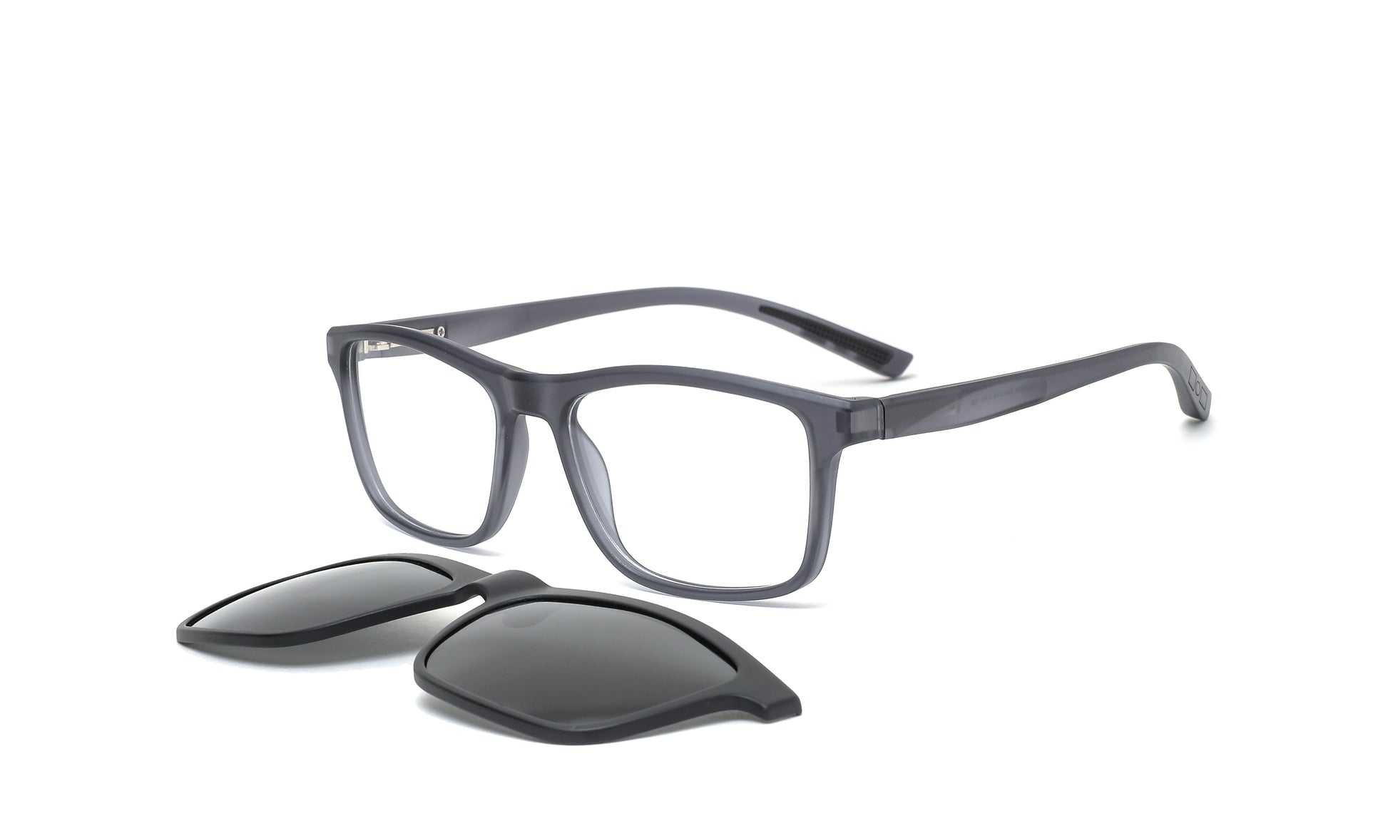 Clip-on shades for spectacles in gray matte transparency offer a stylish look. Designed for both driving and everyday use, adding versatility to your eyewear.