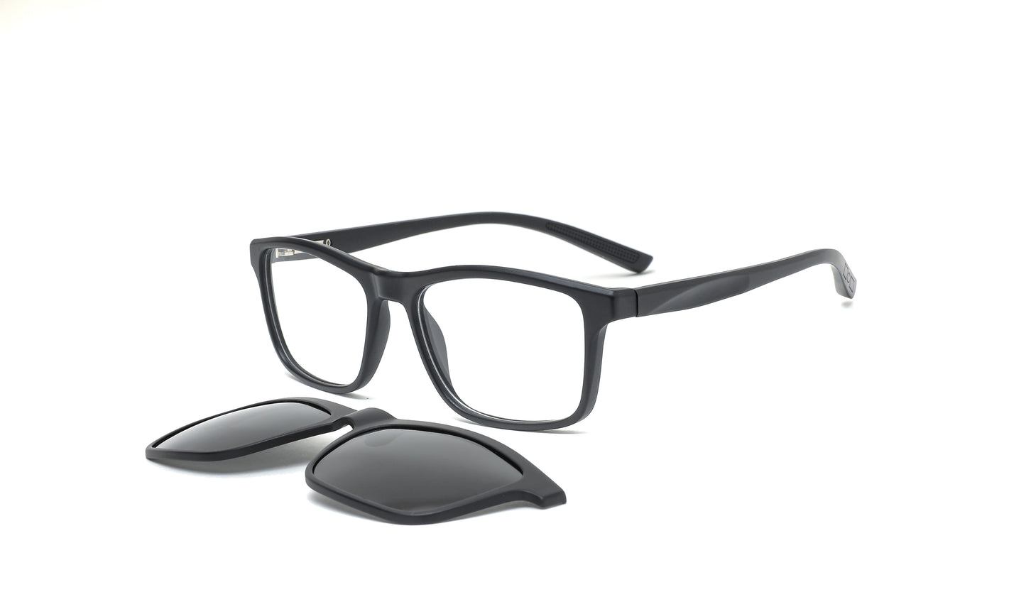 Eyeglass frames with magnetic sunglasses clips, featuring a sleek all-black rectangular design. A classic choice for men, perfect for any occasion.