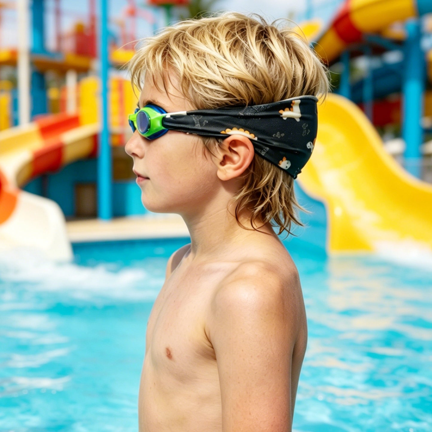 Side view of kids swim goggles with soft fabric strap that prevents hair pulling