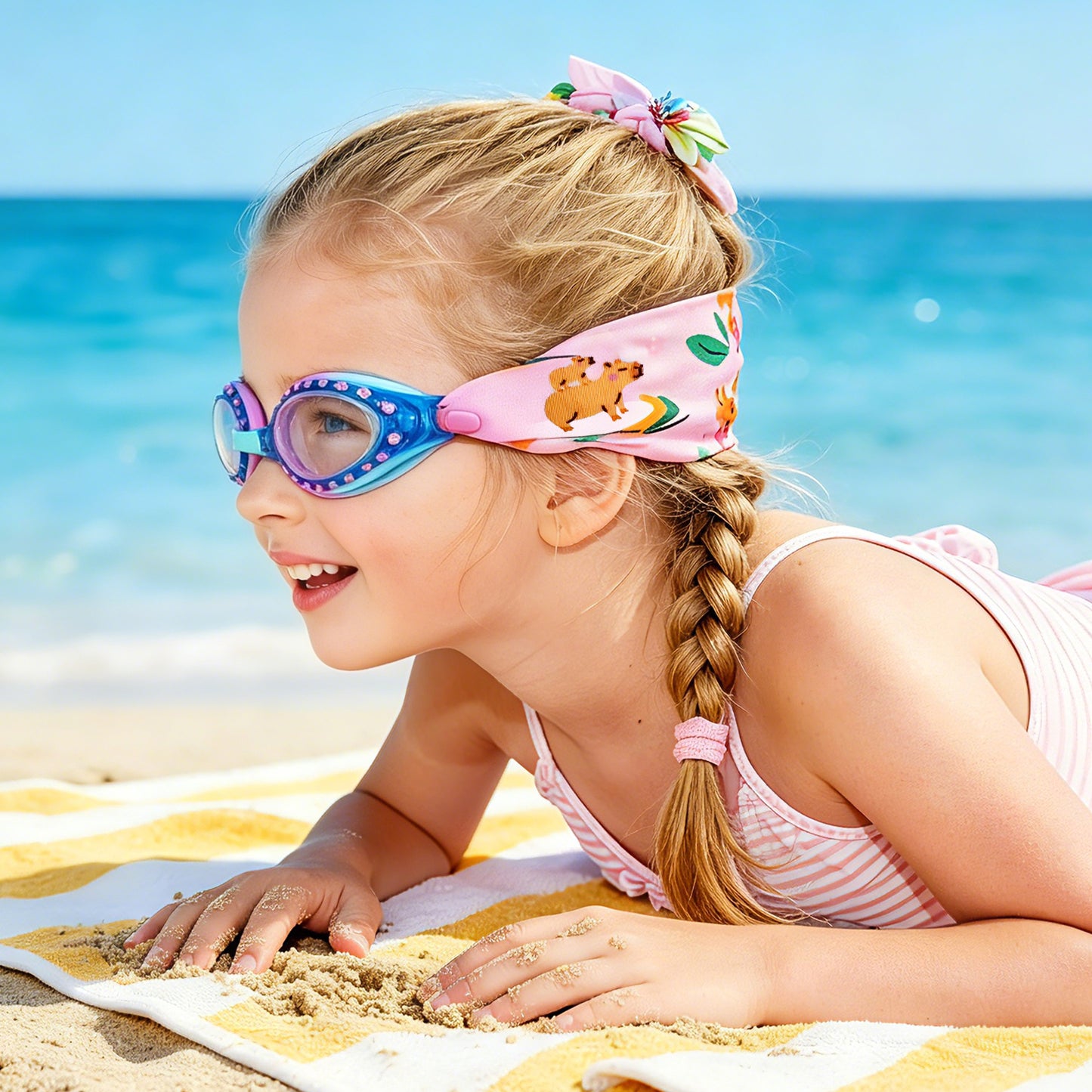 Side view of kids swim goggles with soft fabric strap that prevents hair pulling