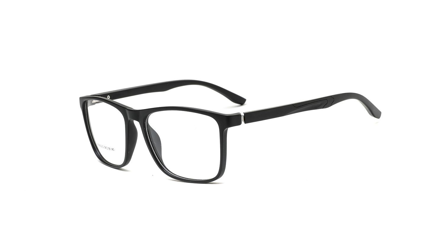 Good glasses frames in a sleek all-black design with silver flexible hinges—perfect for all face shapes, blending style and comfort effortlessly.