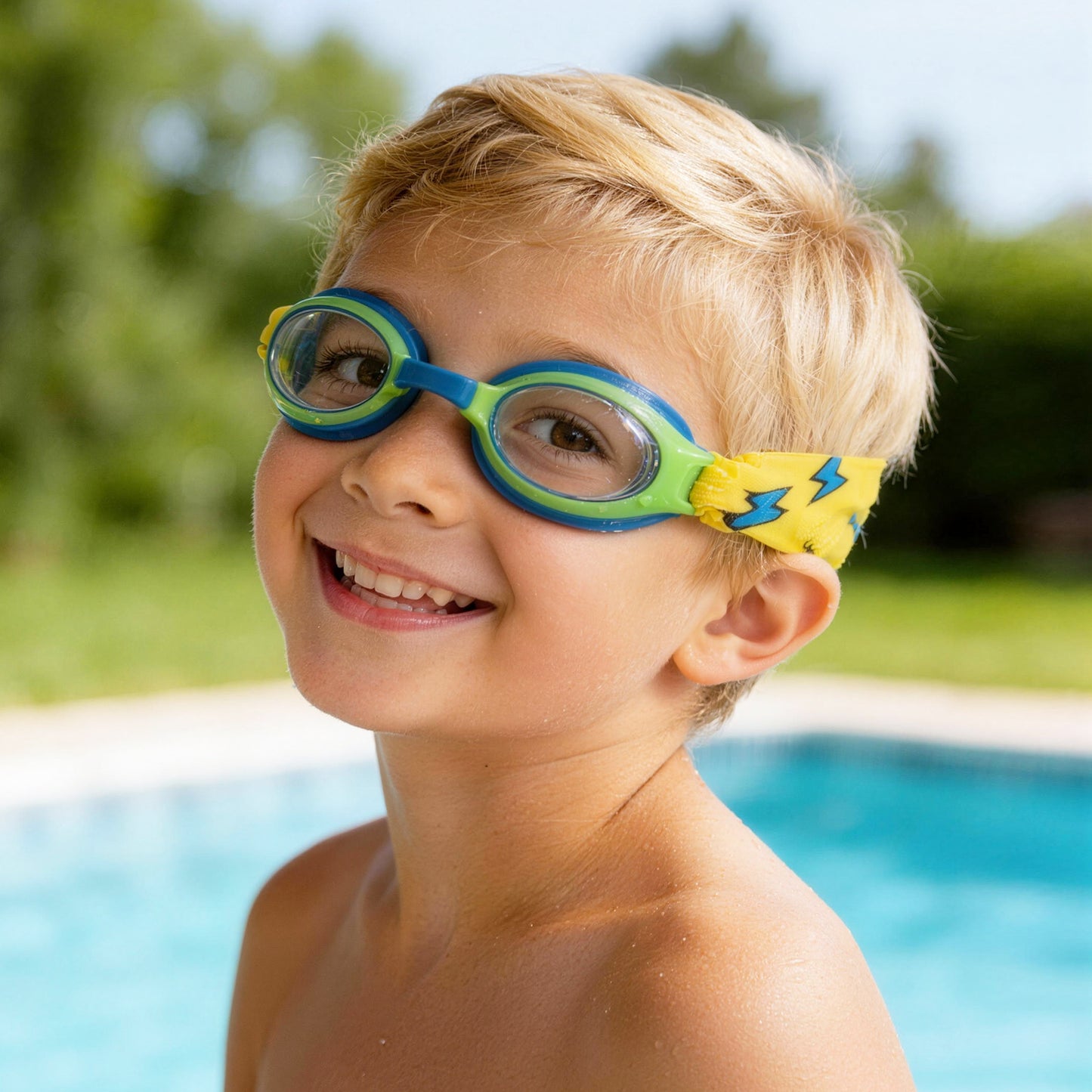 Happy child wearing kids swim goggles in pool, smiling and ready to swim