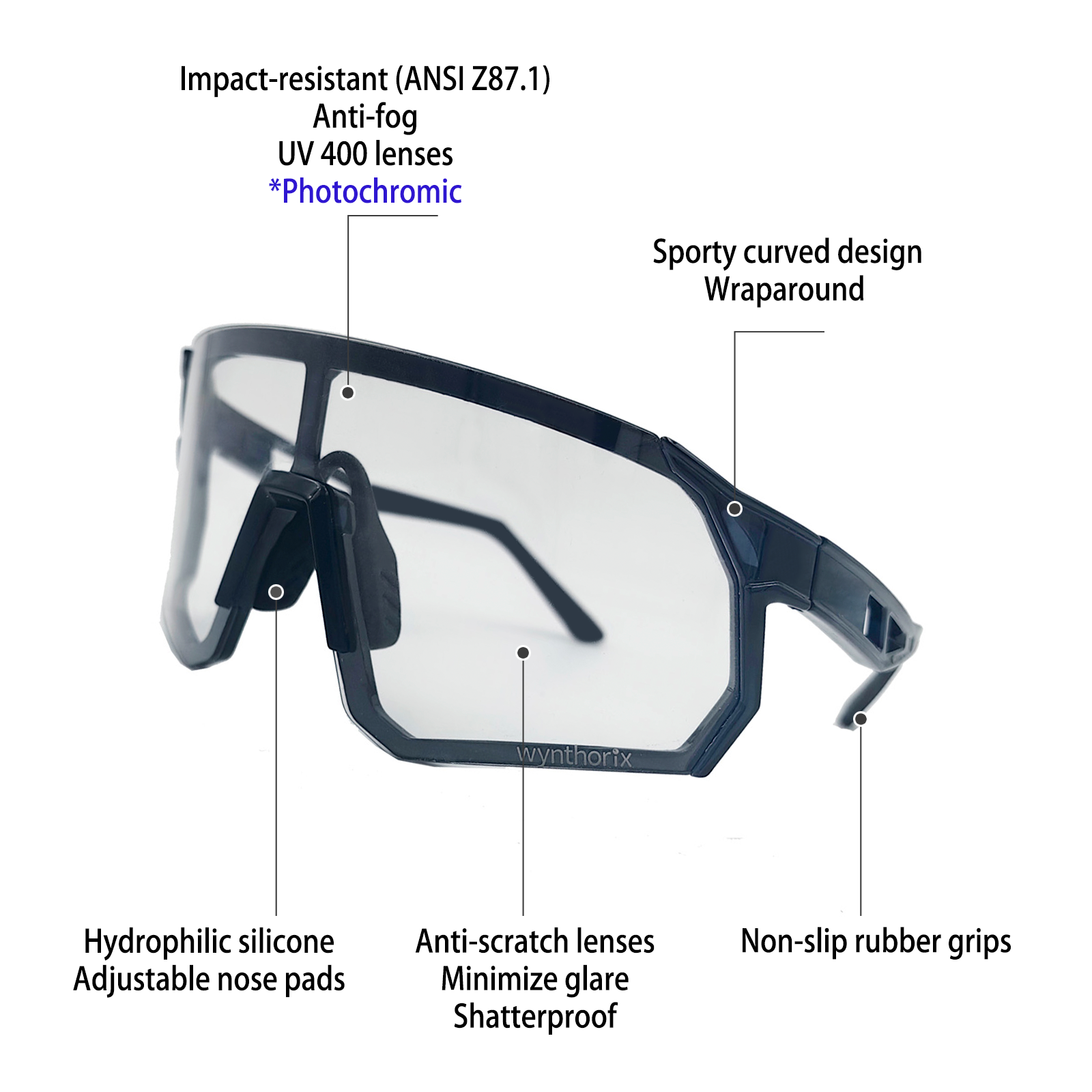 Wynthorix racquetball goggles feature a sporty design with one-piece wraparound lenses and rubber temple arms for a non-slip fit, even during heavy sweating.