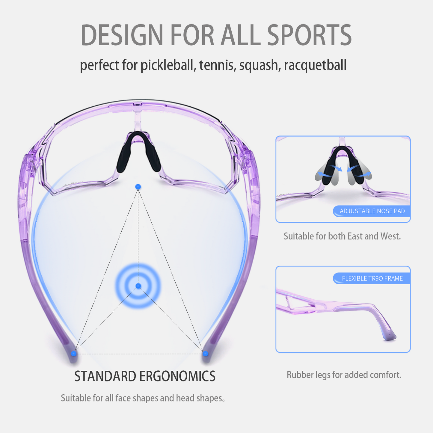 Wynthorix VeilGlam pickleball glasses for women feature a purple crystal frame and clear lens, designed with silicone nose pads and rubber temples for a secure, sweat-proof fit.