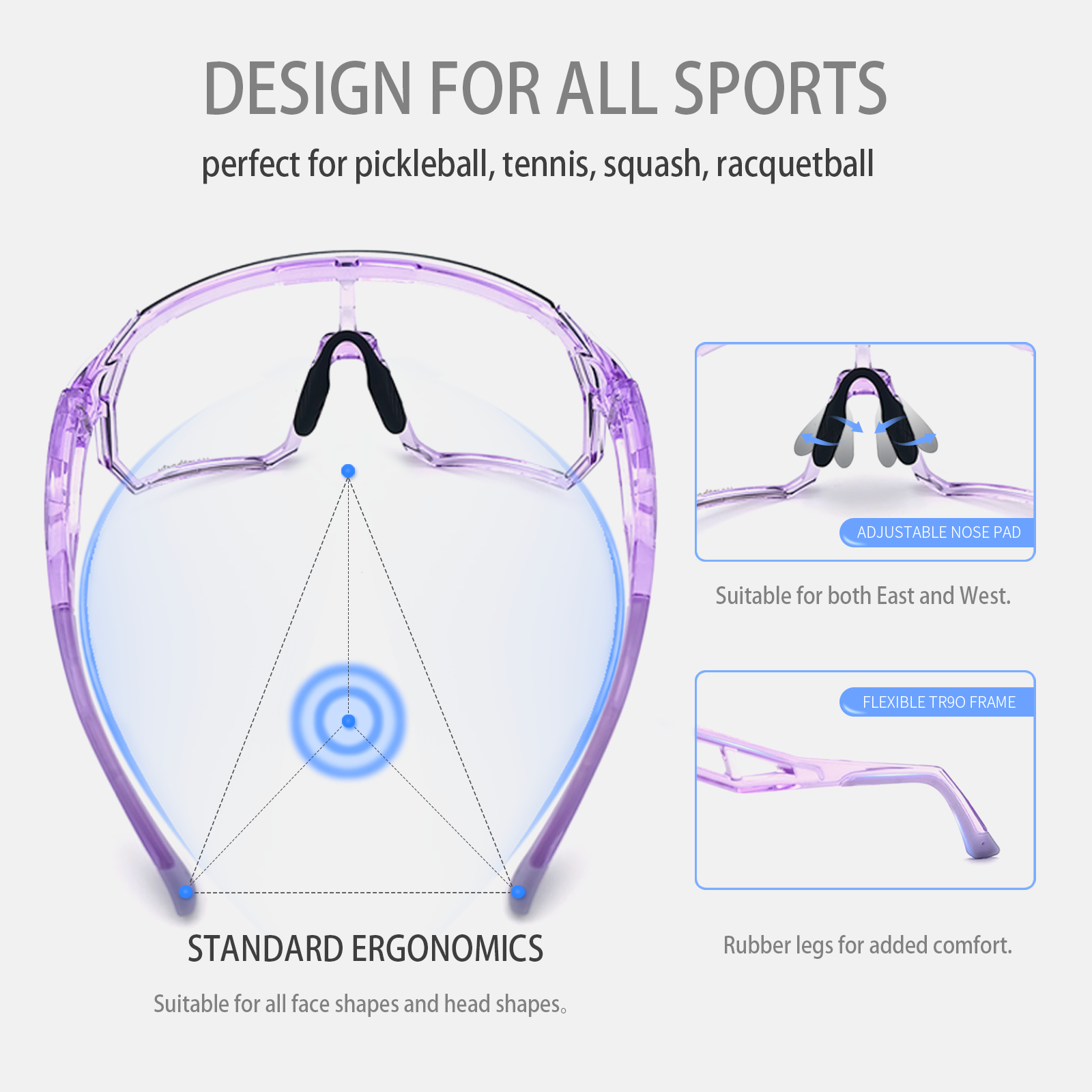 Wynthorix VeilGlam pickleball glasses for women feature a purple crystal frame and clear lens, designed with silicone nose pads and rubber temples for a secure, sweat-proof fit.