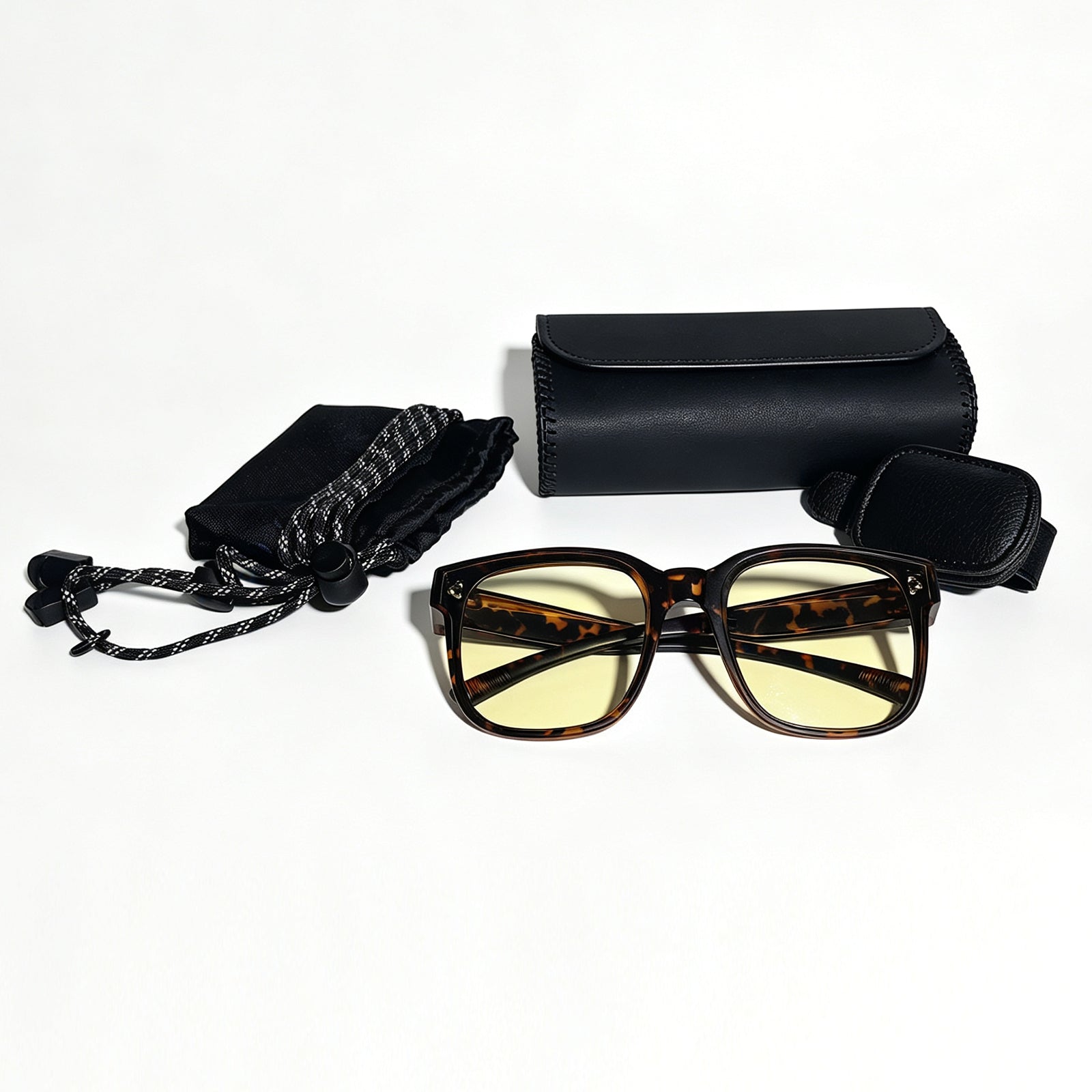 Tortoiseshell fit-over night driving glasses with visor clip, protective storage box and microfiber storage pouch