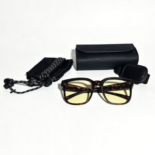 Tortoiseshell fit-over night driving glasses with visor clip, protective storage box and microfiber storage pouch
