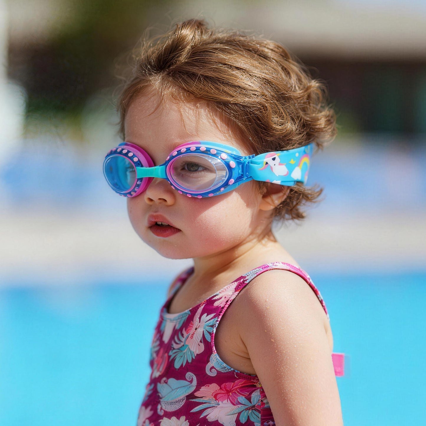 Side view of kids swim goggles with soft fabric strap that prevents hair pulling
