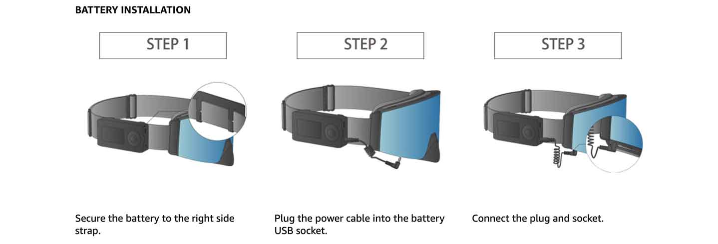  Insert the head strap into the portable charger slot to secure it. Connect one end of the power cable to the charger and the other to the frame’s inline control. 