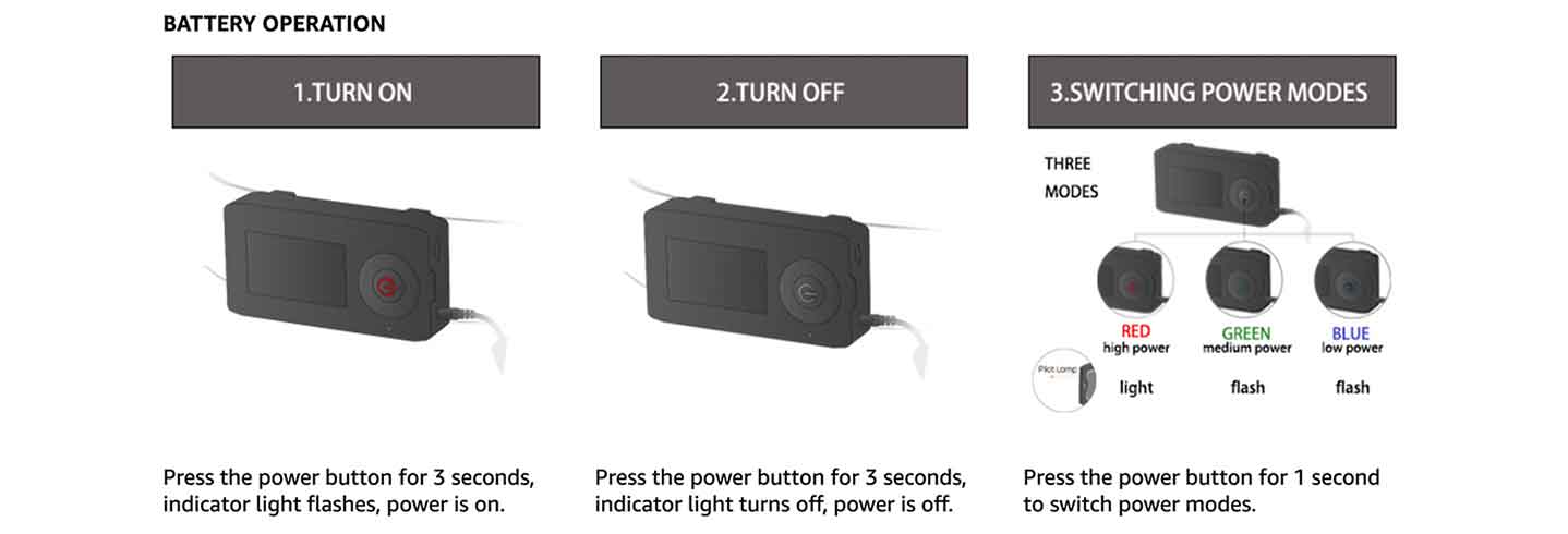 Heated snowmobile goggles have a single power button. Press for 3 seconds to turn on/off. Tap the button to switch between three modes.