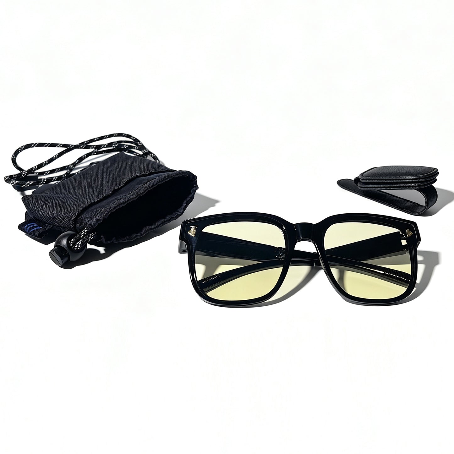 Wynthorix glossy black fit-over night driving glasses with light yellow lenses, car visor clip and microfiber storage pouch