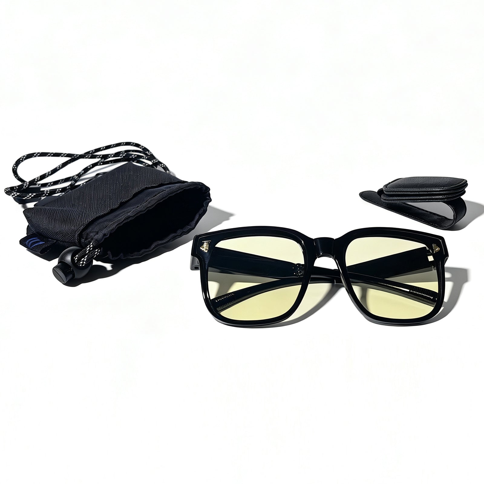 Wynthorix glossy black fit-over night driving glasses with light yellow lenses, car visor clip and microfiber storage pouch