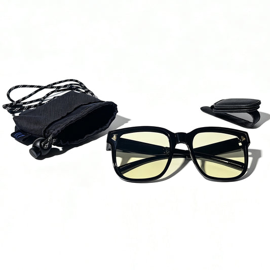 Wynthorix glossy black fit-over night driving glasses with light yellow lenses, car visor clip and microfiber storage pouch