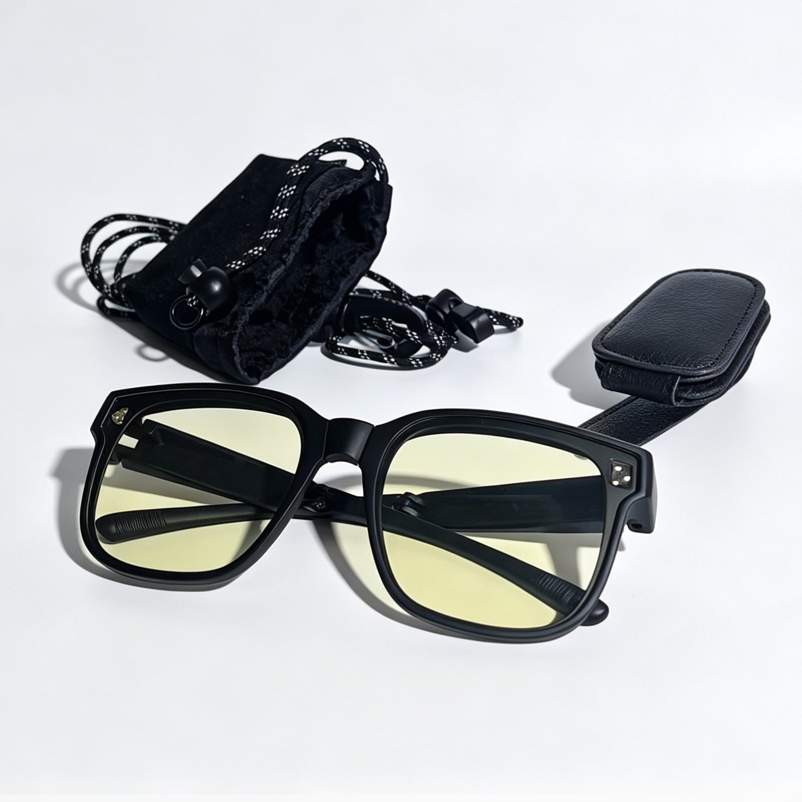 Wynthorix matte black fit-over night driving glasses with light yellow lenses, car visor clip and microfiber storage pouch