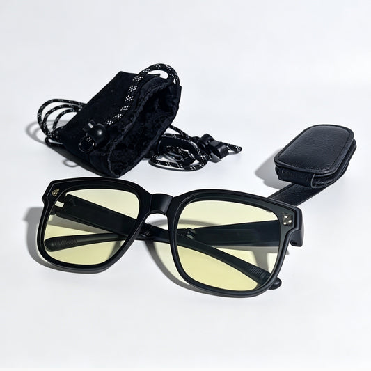 Wynthorix matte black fit-over night driving glasses with light yellow lenses, car visor clip and microfiber storage pouch