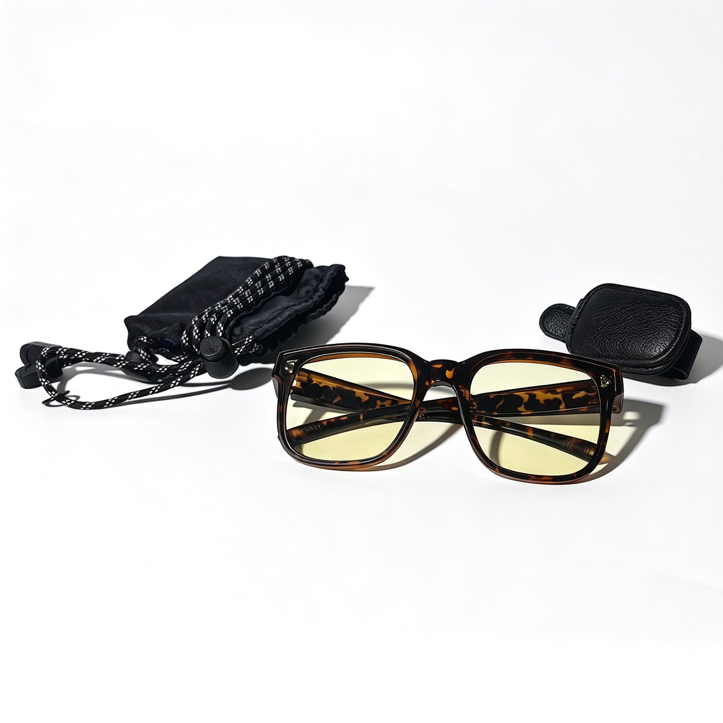 Wynthorix tortoiseshell fit-over night driving glasses with light yellow lenses, car visor clip and microfiber storage pouch