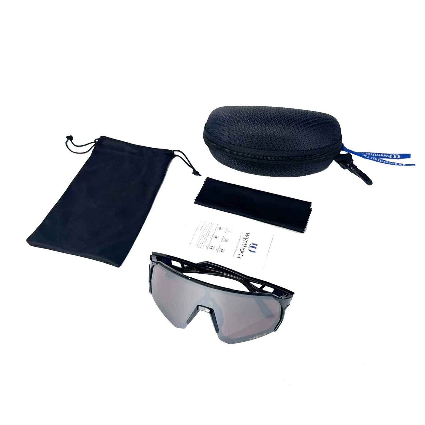 Wynthorix veilglam tennis glasses package includes a pair of amber tennis glasses with silver tinted, a case, a pouch, a manual, a cloth.